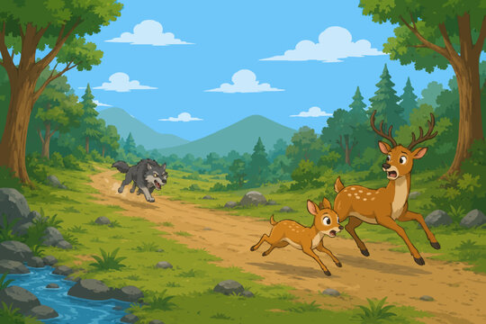 A frightened mouse deer (kancil) and a deer running through a lush forest while being chased by a fierce gray wolf