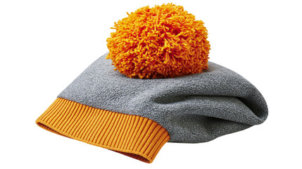Gray fleece beanie hat with orange pom-pom and ribbed cuff © Solene
