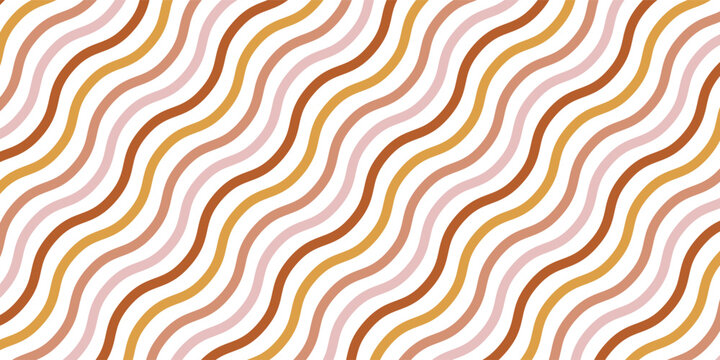 Groovy waves pattern. Psychedelic abstract curved vector background in 1970s hippie retro style for print on textile, wrapping paper, web design and social media. Pink and yellow colors.