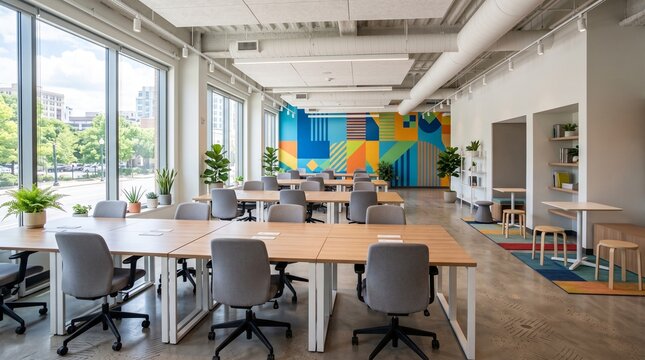Spacious contemporary office interior featuring communal wooden desks and mural art on an accent wall in a professional setting, workspace