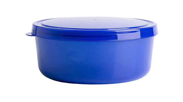 Blue plastic round food storage container with lid