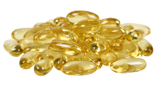 Pile of translucent yellow oval softgel capsules