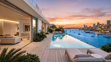 Fototapeta premium Luxury waterfront penthouse terrace with infinity pool and city skyline