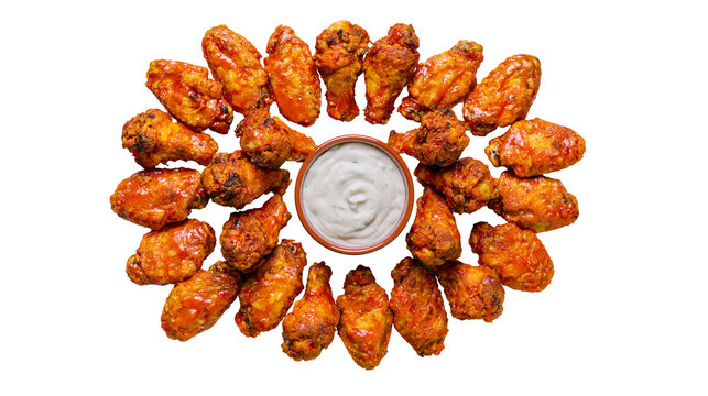 Spicy buffalo chicken wings arranged around a bowl of creamy dipping sauce