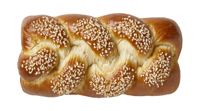Golden brown braided challah bread with white sugar crystals