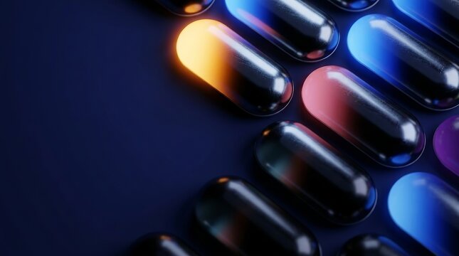 Colorful pills on a dark blue background with one glowing orange capsule