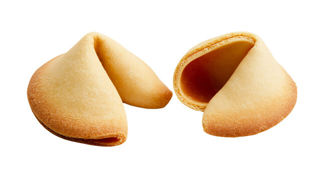 Two golden brown fortune cookies with crisp edges and hollow centers