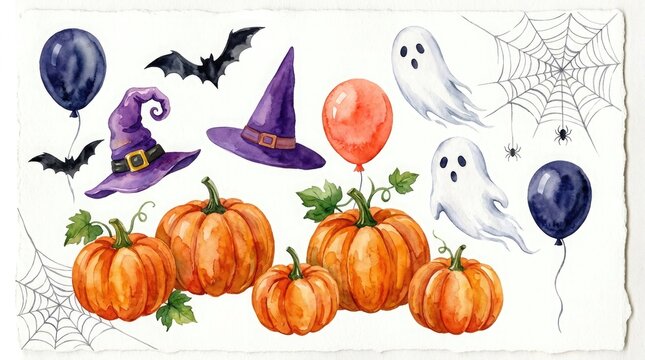 Halloween watercolor clipart pumpkins ghosts witches hats