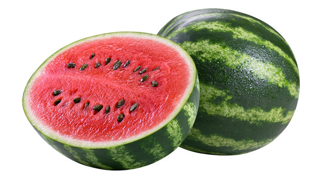 Whole and halved watermelon with visible seeds and red flesh