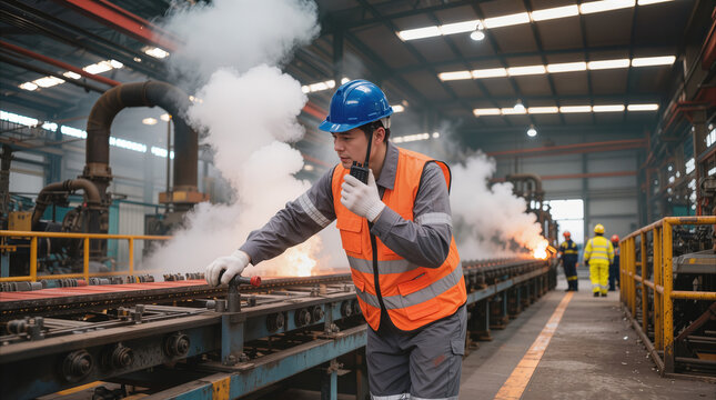 Safety inspector reporting emergency at industrial manufacturing plant. Worker using walkie-talkie while steam rises from machinery in heavy industry facility.