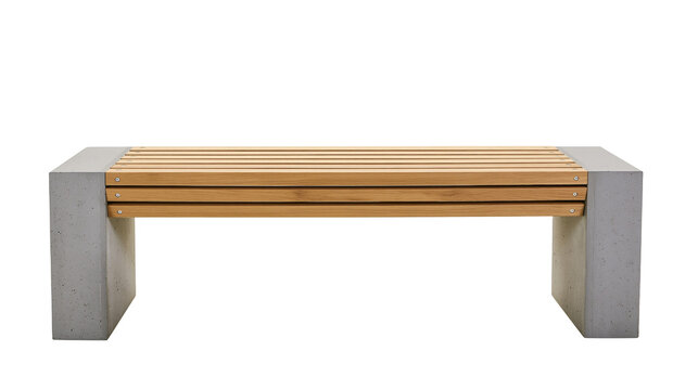 Modern concrete and wood park bench with slatted seat