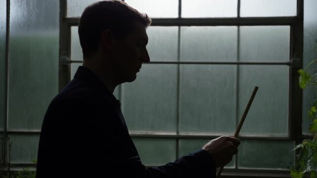 A man is seen in silhouette against a frosted window with green vines. He holds a drumstick, looking contemplative as he remains still throughout the sequence in a moody, indoor setting.