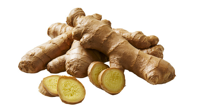 Raw ginger roots and slices with fibrous texture
