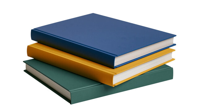 Stack of three hardcover books in blue yellow, and green