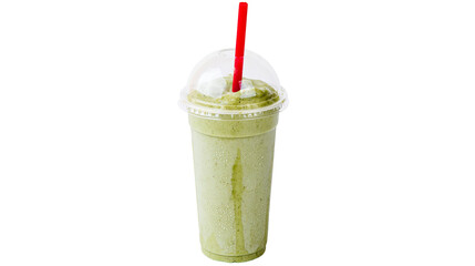 Green smoothie in clear plastic cup with dome lid and red straw © Solene