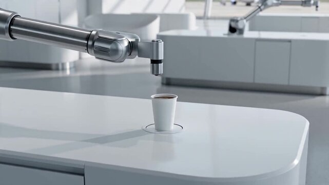 An automated robotic arm pours dark coffee into a cup on a clean white counter in a high-tech airport setting, illustrating the future of service and automated food preparation.