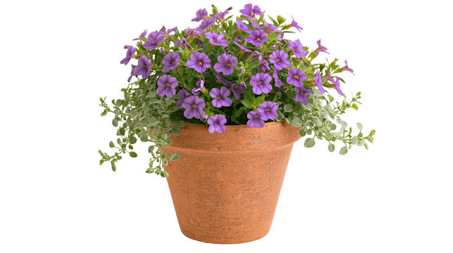Terracotta pot with purple flowers and green foliage