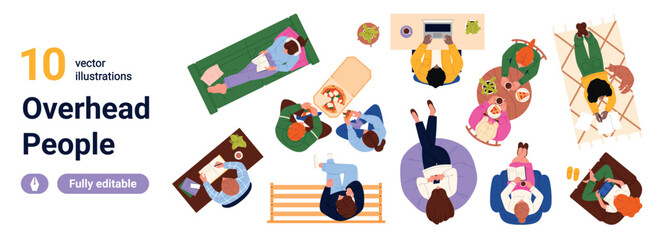 Fototapeta premium Top view collection of people relaxing, working, reading and eating in varied poses, editable characters for lifestyle, office and leisure scenes isolated on white background vector illustration
