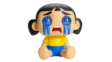 Fototapeta premium Crying cartoon character toy with blue glitter eyes