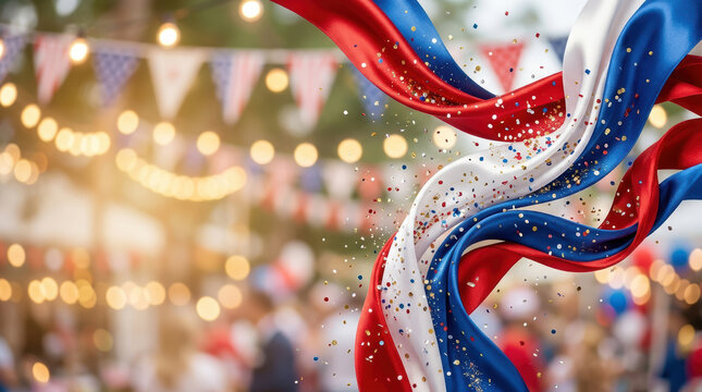 American flag blur celebrate fabric wave party scene with red white blue cloth and confetti in festive outdoor light bokeh