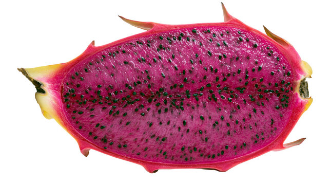 Pitaya fruit cut in half showing vibrant pink flesh and black seeds
