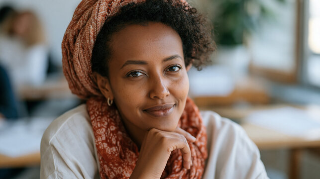 Ethiopian kindergarten teacher attends a professional development immersive workshop in a bright learning studio, facilitated roleplay activity visible as she practices