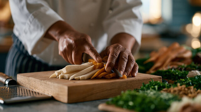 Raw vegetable prep close up showing a Maori chef's hands julienning seasonal root vegetables at speed on a hardwood block, mandoline nearby, herbs sorted in rows, professional