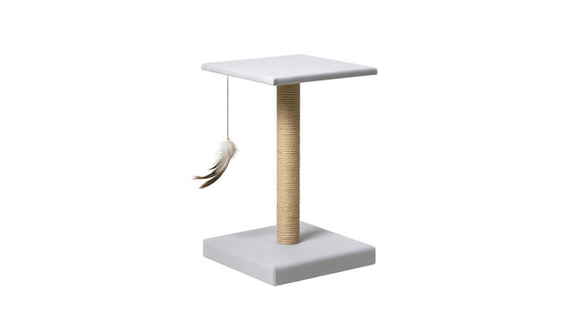 Gray cat tree with sisal scratching post and feather toy