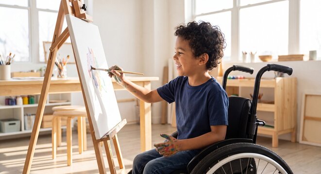 Smiling young child sitting in a wheelchair while enjoying painting on a canvas easel in a bright, sunlit art studio or classroom.