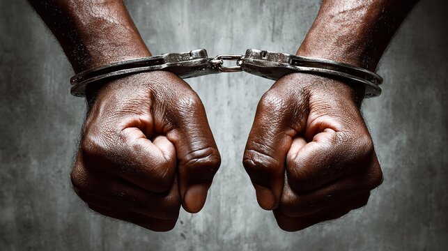 A pair of clenched dark hands are bound by handcuffs against a stark, black background