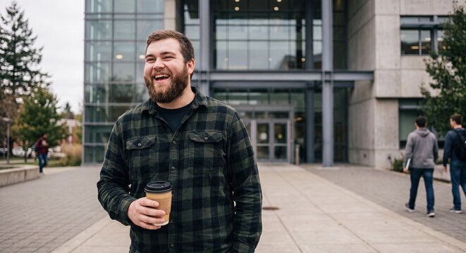 Happy young bearded man wearing a plaid shirt laughing and holding a takeaway coffee cup outside a modern university building.