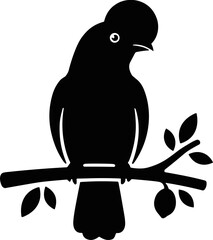 Silhouette of a cockatoo bird perched on a tree branch with leaves, black and white vector art © atem