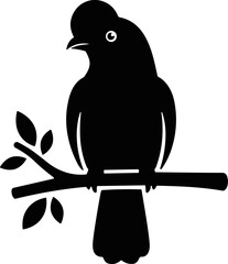 Silhouette of a cockatoo bird perched on a branch with leaves, vector art © atem