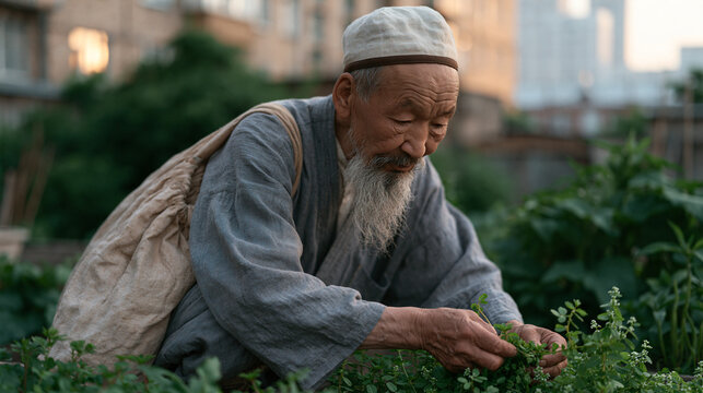 Foraging urban plants shown as an elderly Kazakh man trims fresh chickweed and purslane from a community garden plot in a dense city neighborhood, cloth bag over shoulder, early