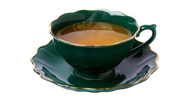 Green porcelain teacup with golden rim filled with hot tea