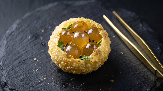 Molecular gastronomy pani puri on a dark slate plate, modern fusion Indian street food