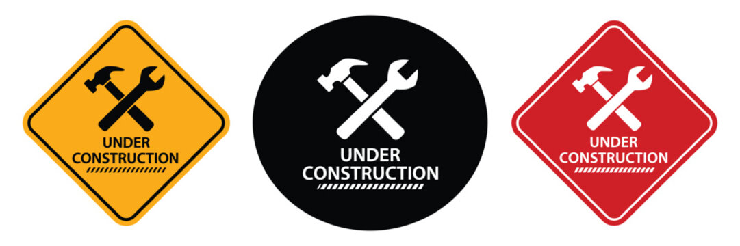 Under construction road sign icon collection, site maintenance symbols, ongoing development graphics, roadwork warning elements, repair and renovation safety signs, traffic caution icons