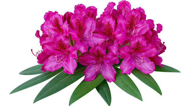 Cluster of vibrant pink rhododendron flowers with green leaves