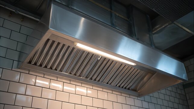 New clean stainless steel hood in professional kitchen