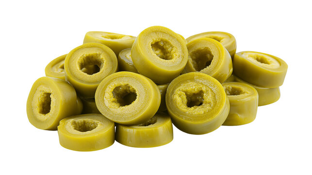 Pile of sliced green olives with pits removed