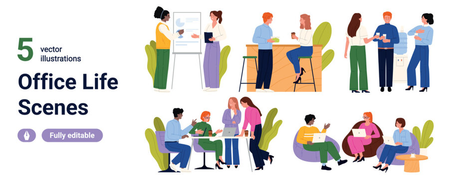 Collection of office life scenes with coworkers presenting, chatting, meeting, and working on laptops in modern workplace settings, isolated on white background vector illustration