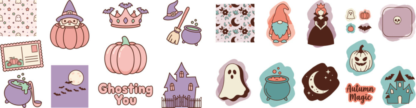 Halloween vector set with cute gnome, witch, haunted house, patterns and autumn magic stickers