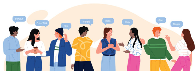 Diverse people greeting each other in multiple languages with speech bubbles, showing global communication, translation, culture, learning and social interaction vector illustration © Flash Vector