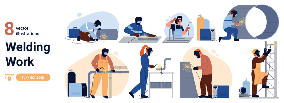 Vector professional welders in protective masks working with metal structures, pipes, ladders using welding equipment, sparks, gas cylinders for industrial construction, repair, manufacturing isolated