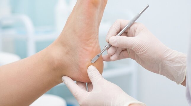 Podologist removing a heel callus with a sterile scalpel during professional foot care treatment in a podiatry clinic.