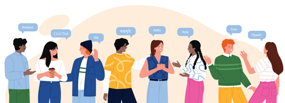 Diverse people greeting each other in multiple languages with speech bubbles, showing global communication, translation, culture, learning and social interaction vector illustration