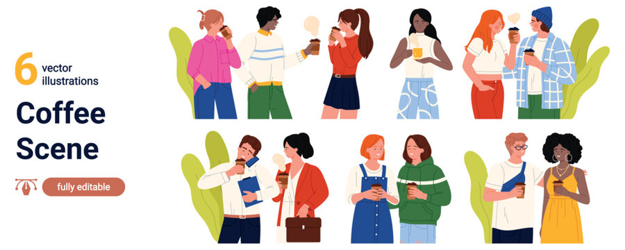 Set of six modern coffee scene characters holding takeaway cups and chatting in casual outfits, featuring diverse adults enjoying warm drinks isolated on white background vector illustration
