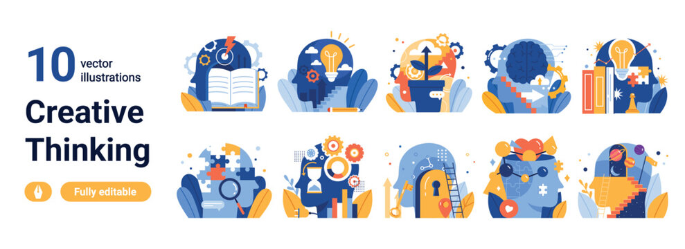 Collection of creative thinking icons with heads, puzzle pieces, light bulbs, books, gears, charts, keyholes, and abstract learning symbols isolated on white background vector illustration