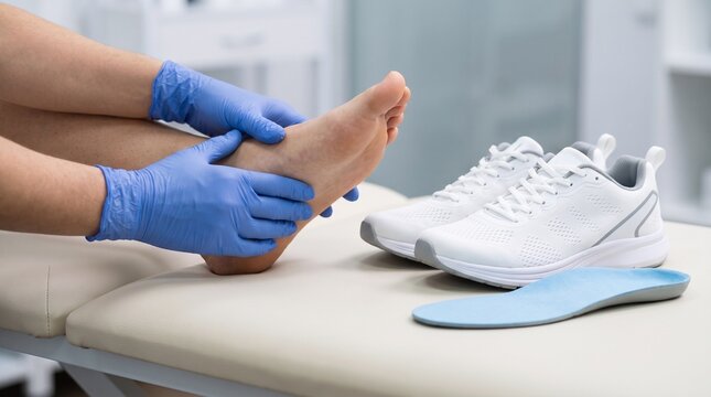 Podologist examining a runner's foot beside athletic shoes and an orthotic insole during sports podiatry assessment in a clinic.