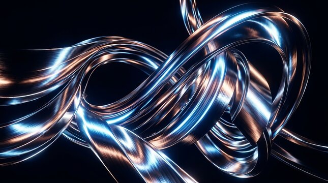 Shimmering metallic ribbons in blue and copper on black background